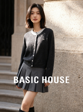Basic House/百家好蓝色假两件毛衣女2025洋气绵羊毛短款开衫外套
