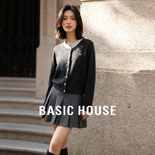 Basic House/百家好蓝色假两件毛衣女2025洋气绵羊毛短款开衫外套