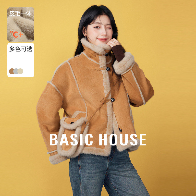 Basic House/百家好韩版翻领皮毛一体外套秋冬加厚毛毛上衣机车服