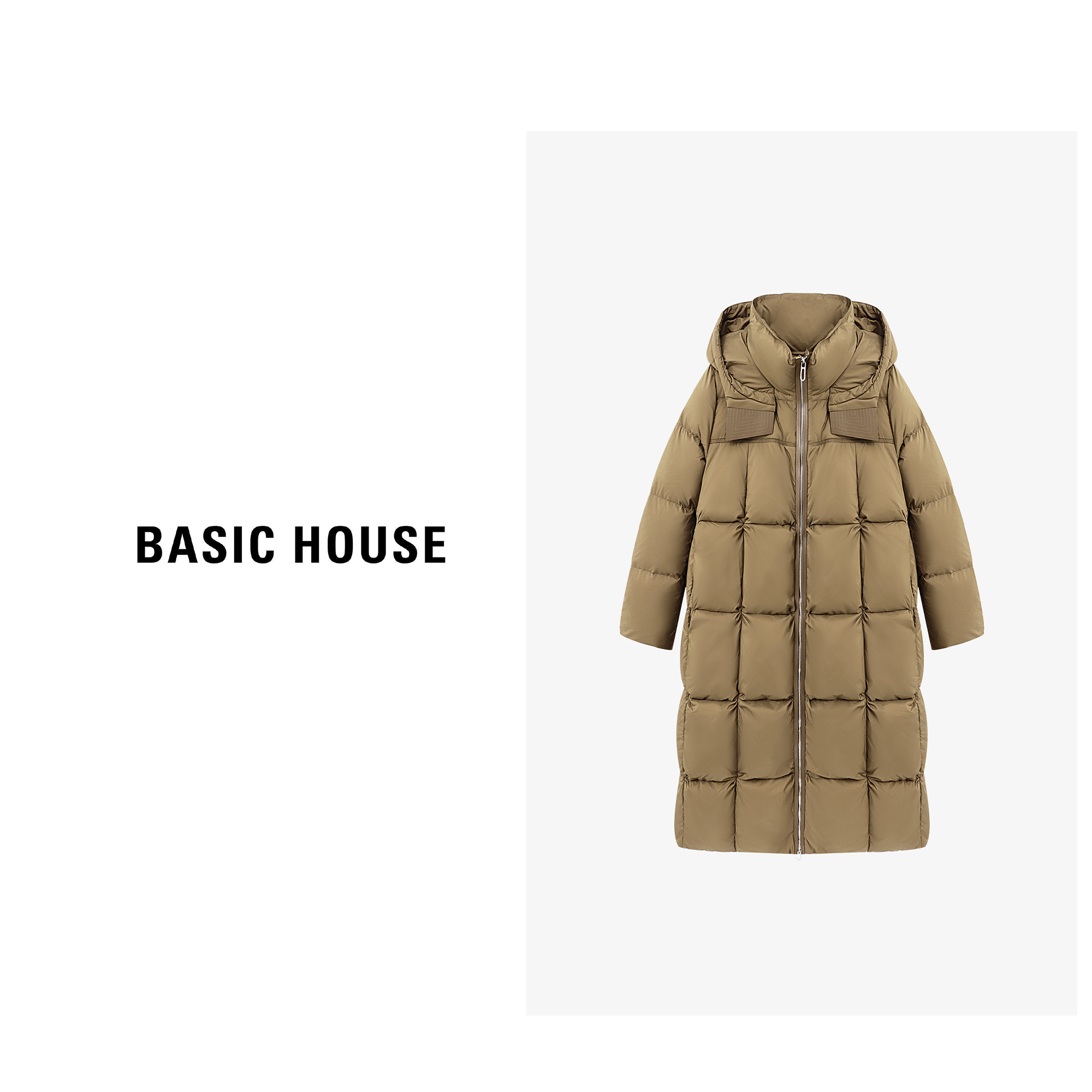 Basic House/百家好立领连帽羽绒服女款2025女冬新款保暖长款外套