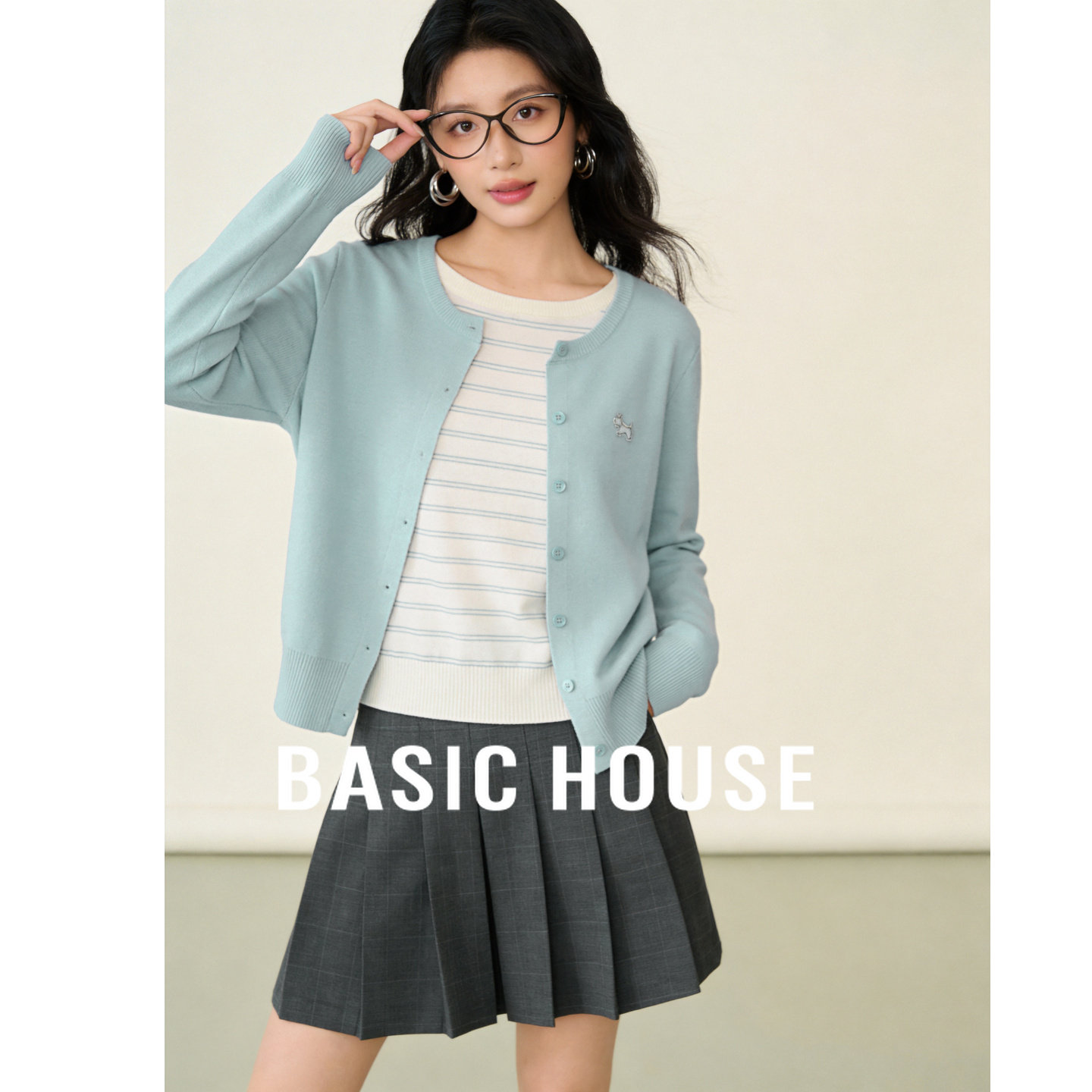 Basic House/百家好假两件针织开衫女条纹拼接温柔风显瘦长袖上衣