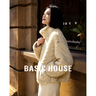 百家好人字纹仿貂毛立领宽松短款 上衣柔滑轻奢保暖小众压纹短外套