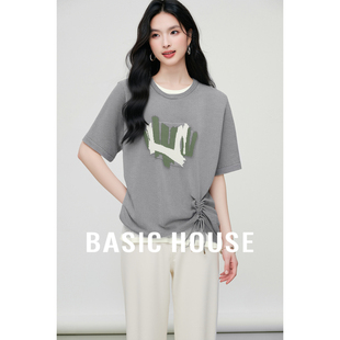 Basic House/百家好亚麻抽绳假两件针织衫夏季短款短袖圆领上衣女