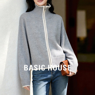 Basic House/百家好灰色双拉链高领毛衣女2026新款慵懒风针织开衫