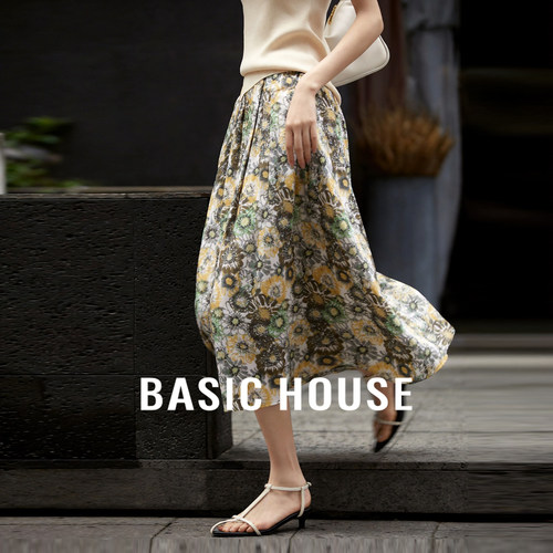 Basic House/百家好复古碎花A字半身裙女中长款夏季流行高级裙子