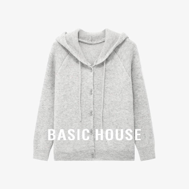 Basic House/百家好慵懒风灰色连帽毛衣女流行短款插肩袖开衫外套