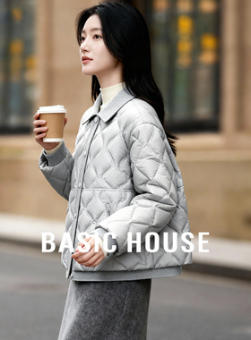 Basic House/百家好撞色翻领轻薄短款羽绒服女冬季单排扣宽松外套