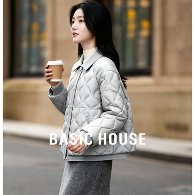Basic House/百家好撞色翻领轻薄短款羽绒服女冬季单排扣宽松外套