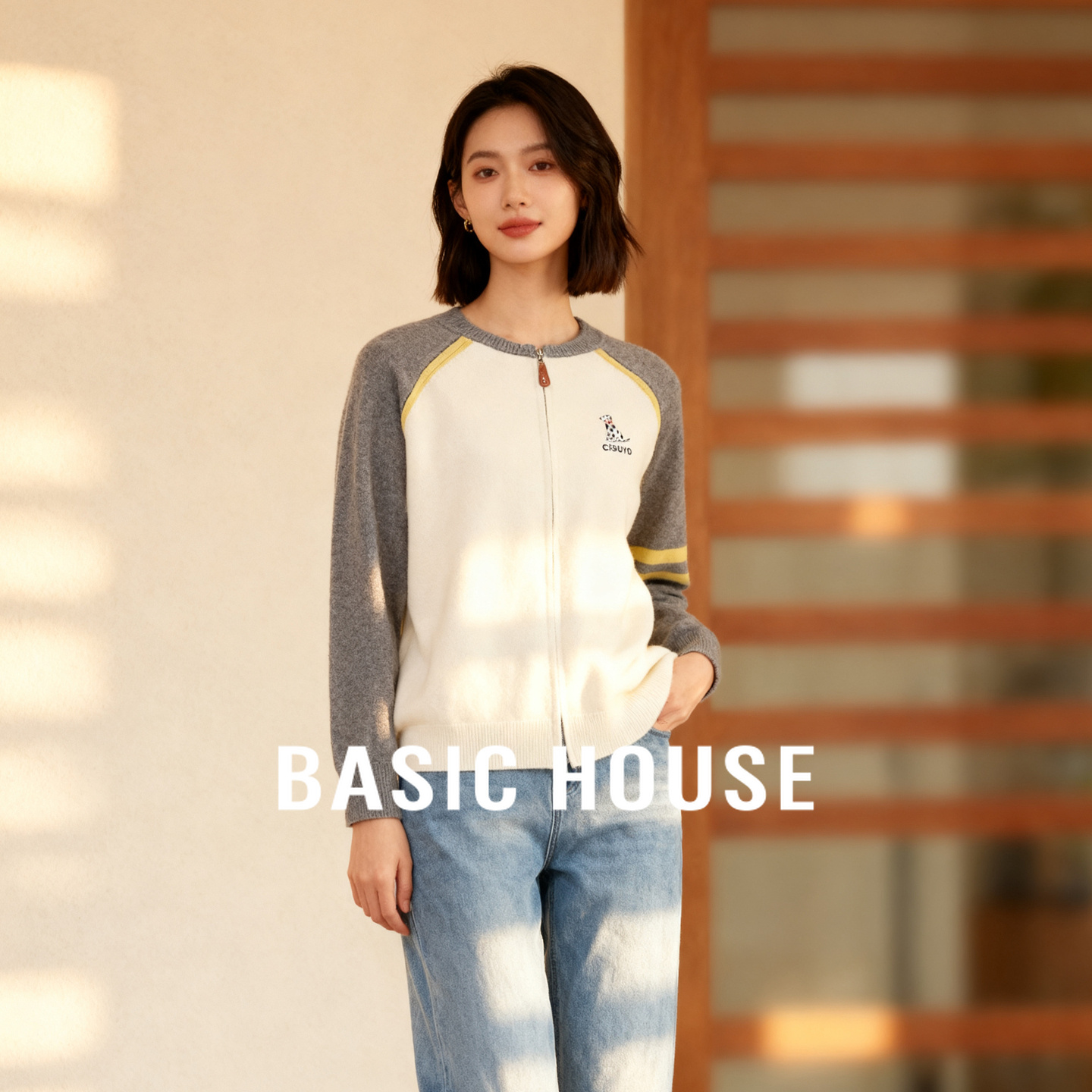 Basic House/百家好撞色针织拉链开衫2025秋季小狗刺绣休闲毛衣女