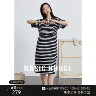 Basic House/百家好条纹连衣裙中长款2024夏季宽松短袖直筒裙子