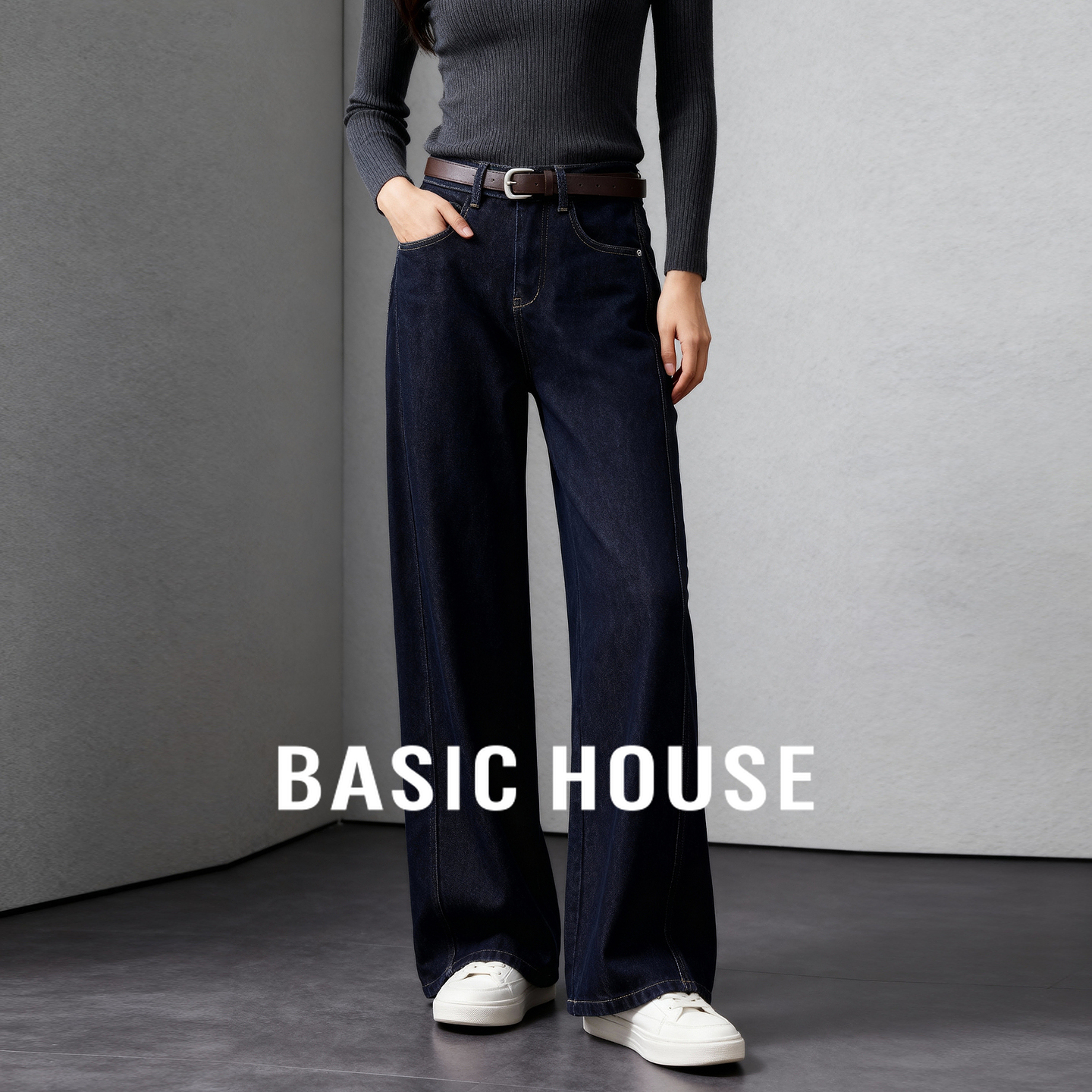 Basic House/百家好复古高腰阔腿牛仔裤2025秋冬新款宽松加绒裤子