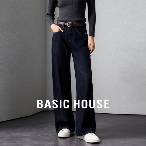 Basic House/百家好复古高腰阔腿牛仔裤女秋冬新款宽松加绒长裤子