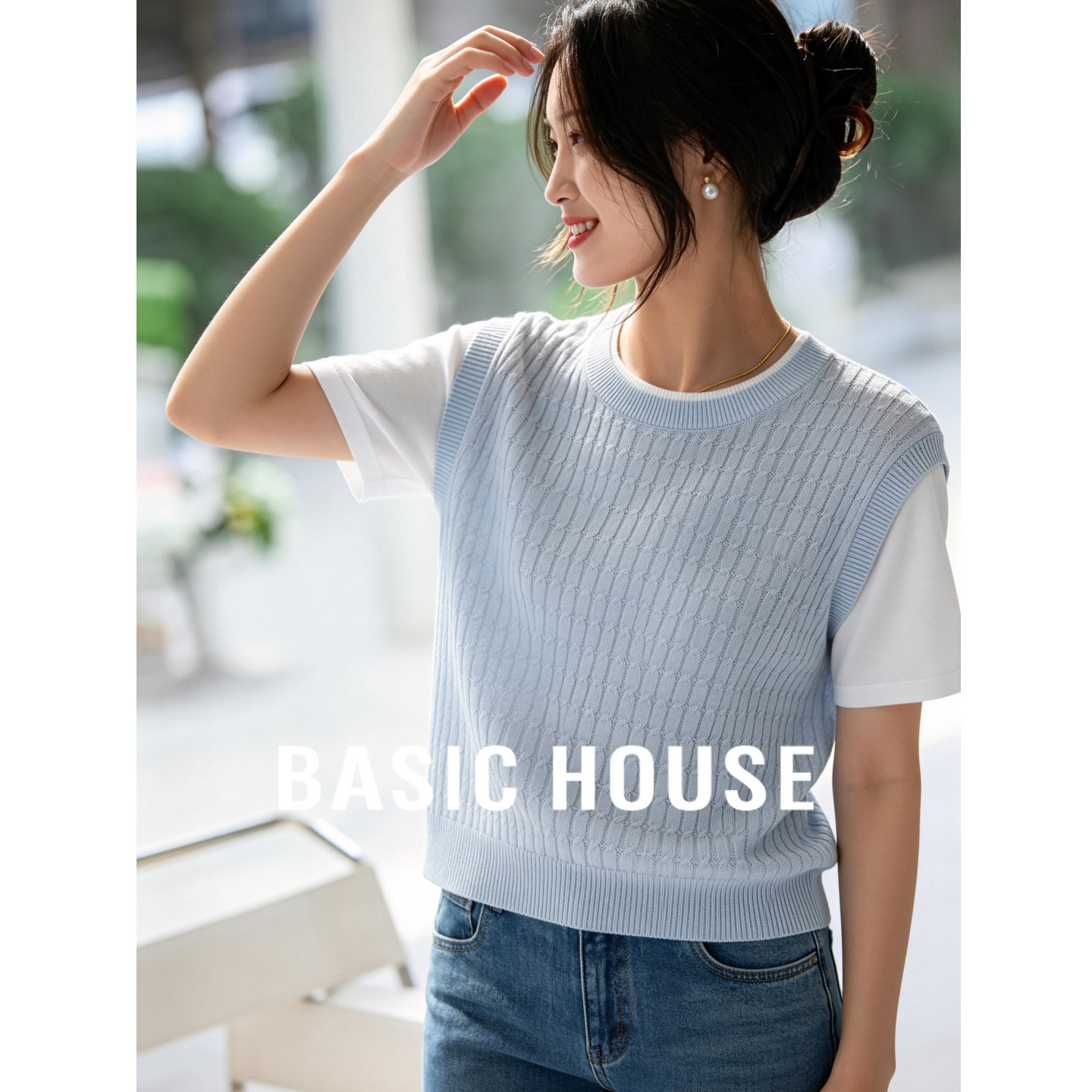 Basic House/百家好假两件针织衫女春灰色撞色设计感套头宽松上衣