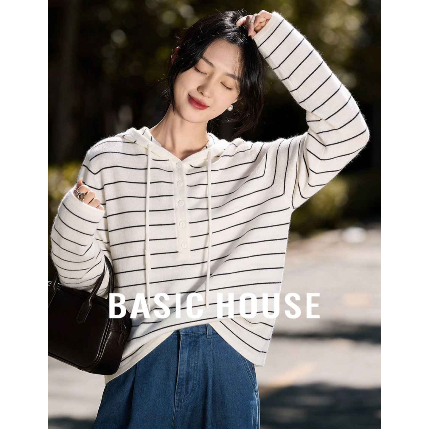 百家好撞色条纹连帽半扣绵羊毛针织衫春季新款女士慵懒风上衣外套,女装/女士精品,毛针织衫,淘宝优惠券,粉丝福利购,淘宝优惠卷