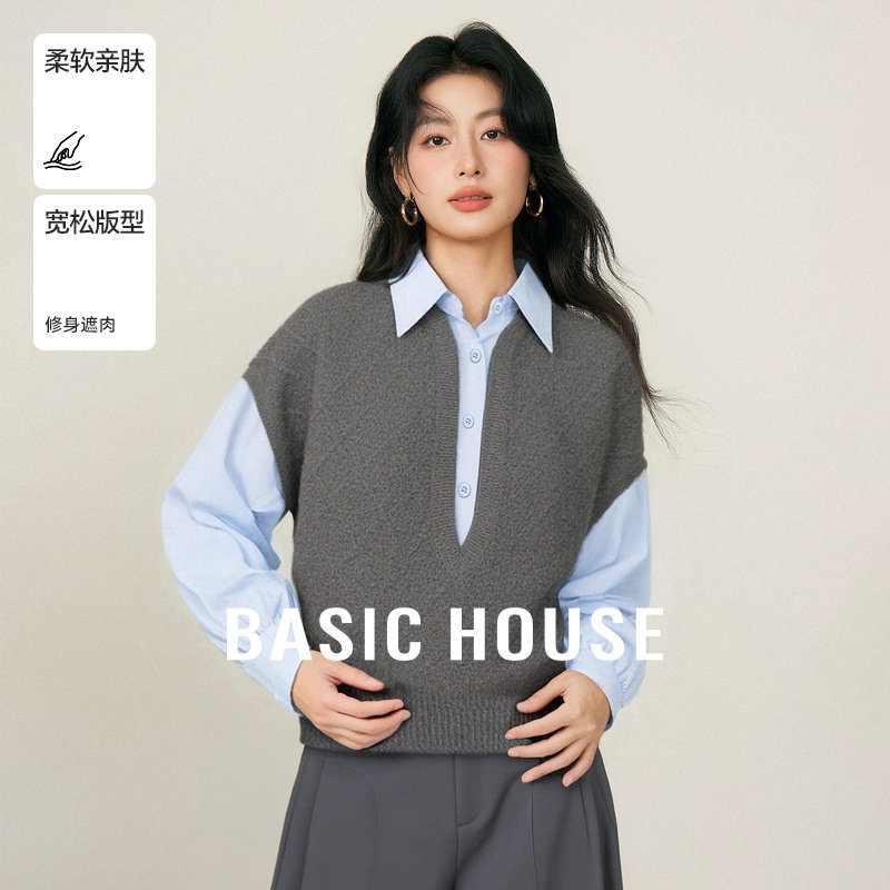 Basic House/百家好韩系假两件衬衫拼接针织毛衣秋冬新款套头上衣