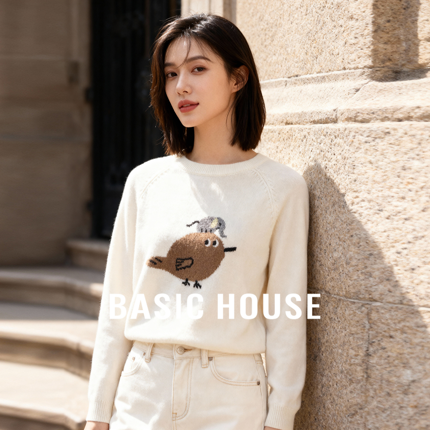 Basic House/百家好卡通提花圆领毛衣秋冬新款减龄插肩袖短款上衣