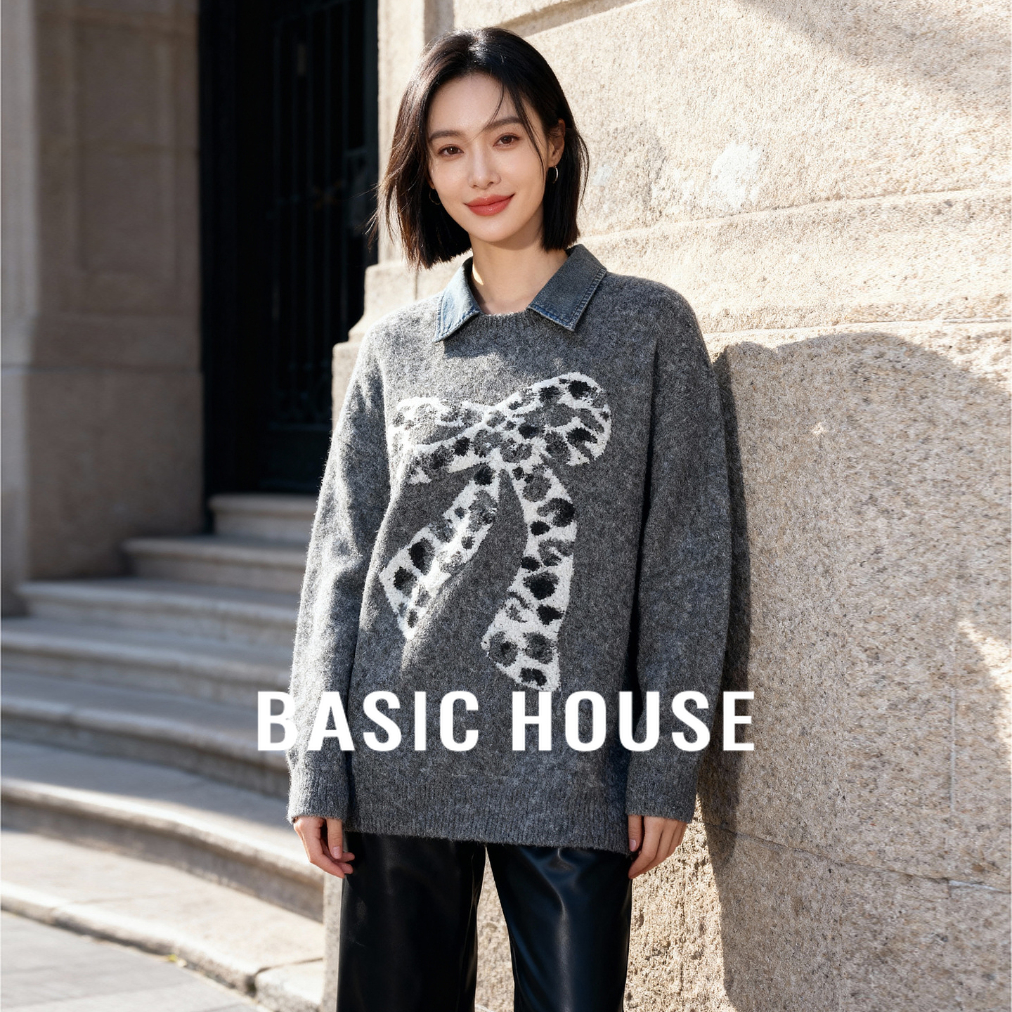 Basic House/百家好拼接套头翻领毛衣女25秋冬宽松慵懒风刺绣上衣