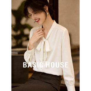 新款 Basic 女春季 百家好纯色V领飘带衬衫 系带基础通勤衬衣 House