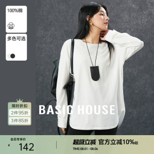 正肩上衣 Basic House 百家好纯色弧形下摆T恤春季 显瘦宽松拼接袖