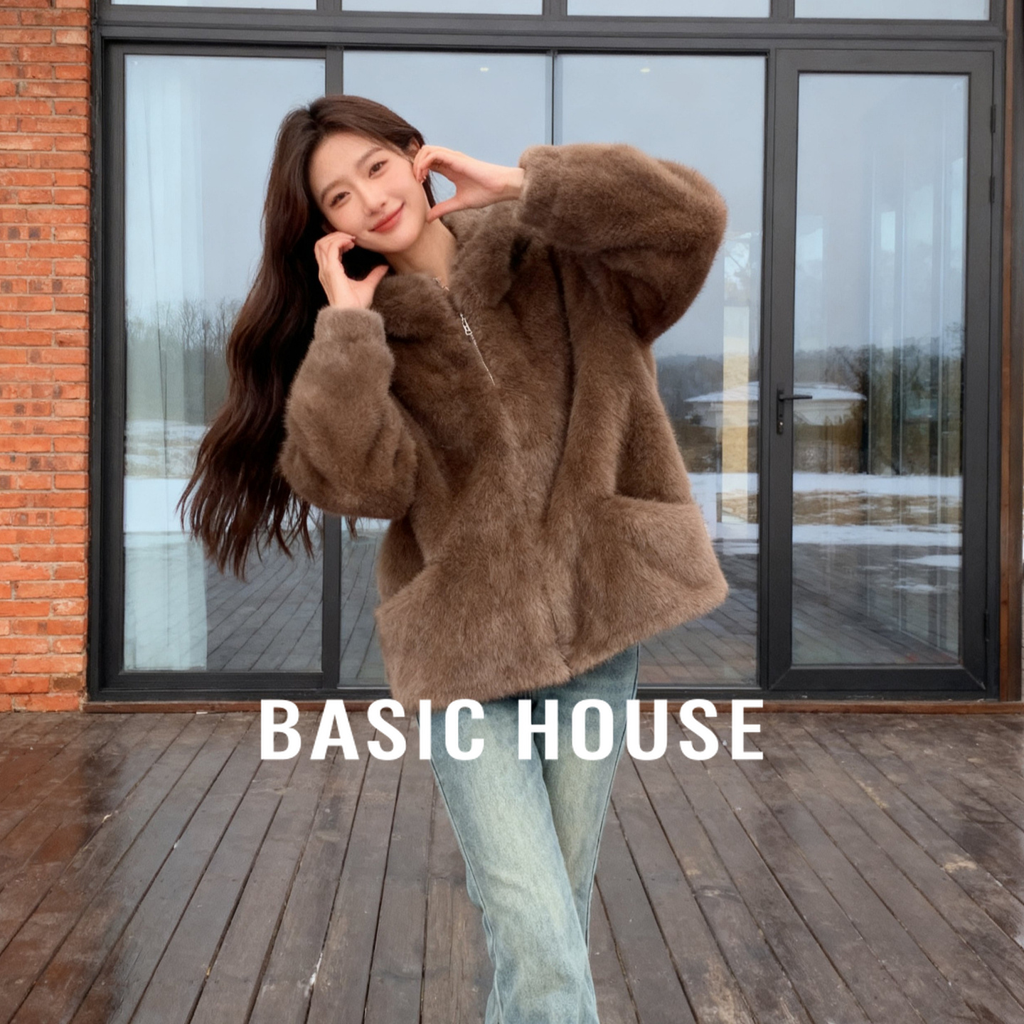 Basic House/百家好连帽毛毛外套25冬季柔软毛绒拉链开合保暖上衣