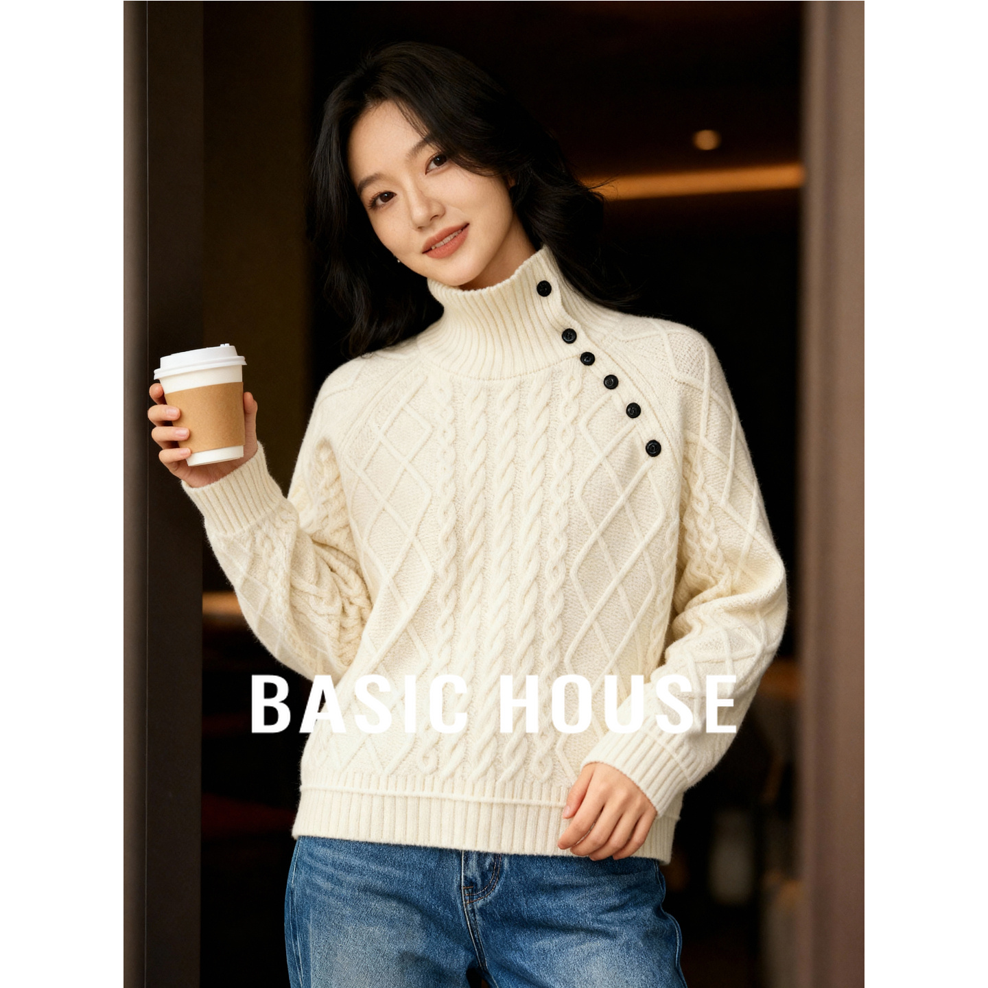 百家好高领麻花毛衣女冬季新款斜扣设计感宽松纽扣羊毛针织衫上衣