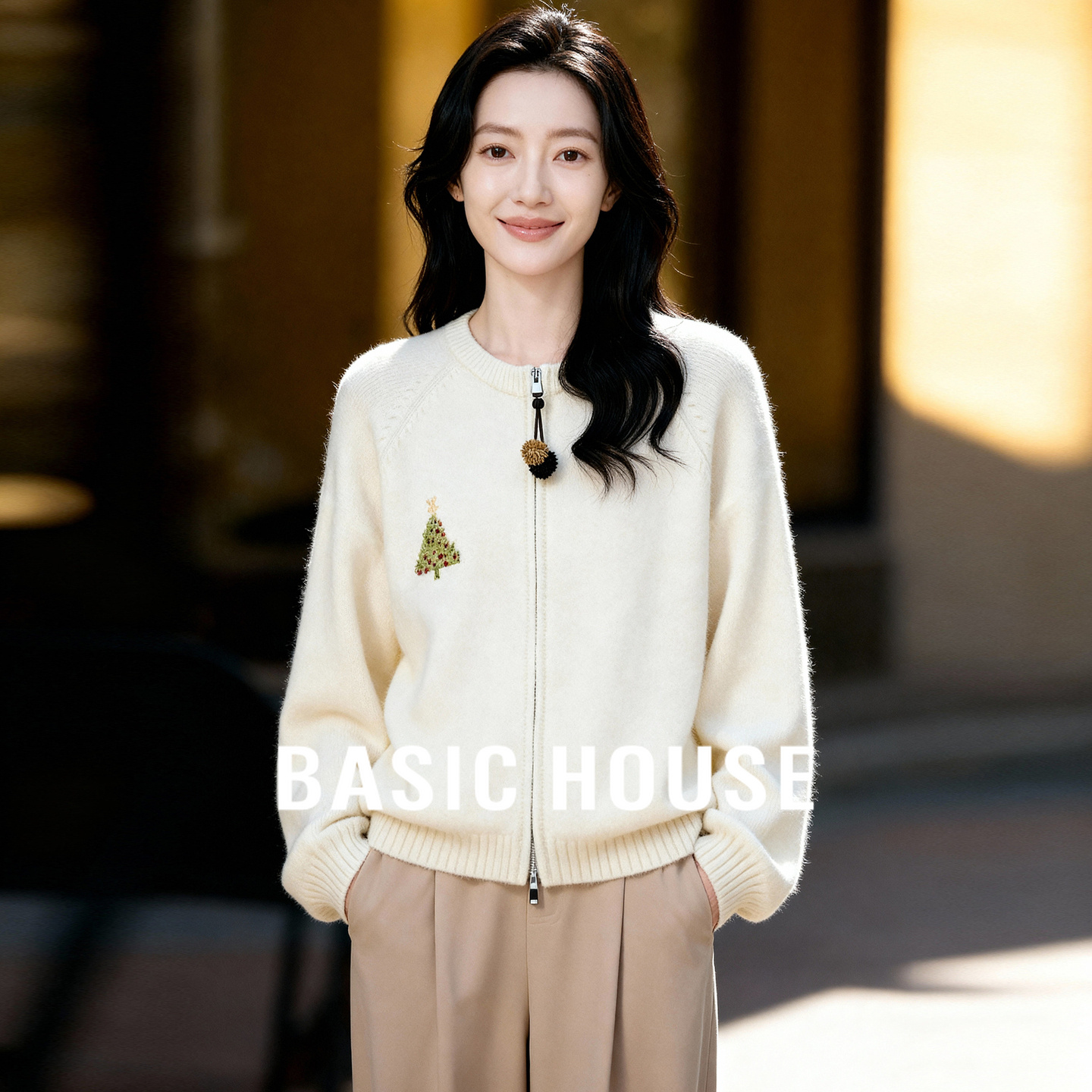 Basic House/百家好双拉链刺绣针织开衫女冬季新款慵懒风宽松毛衣