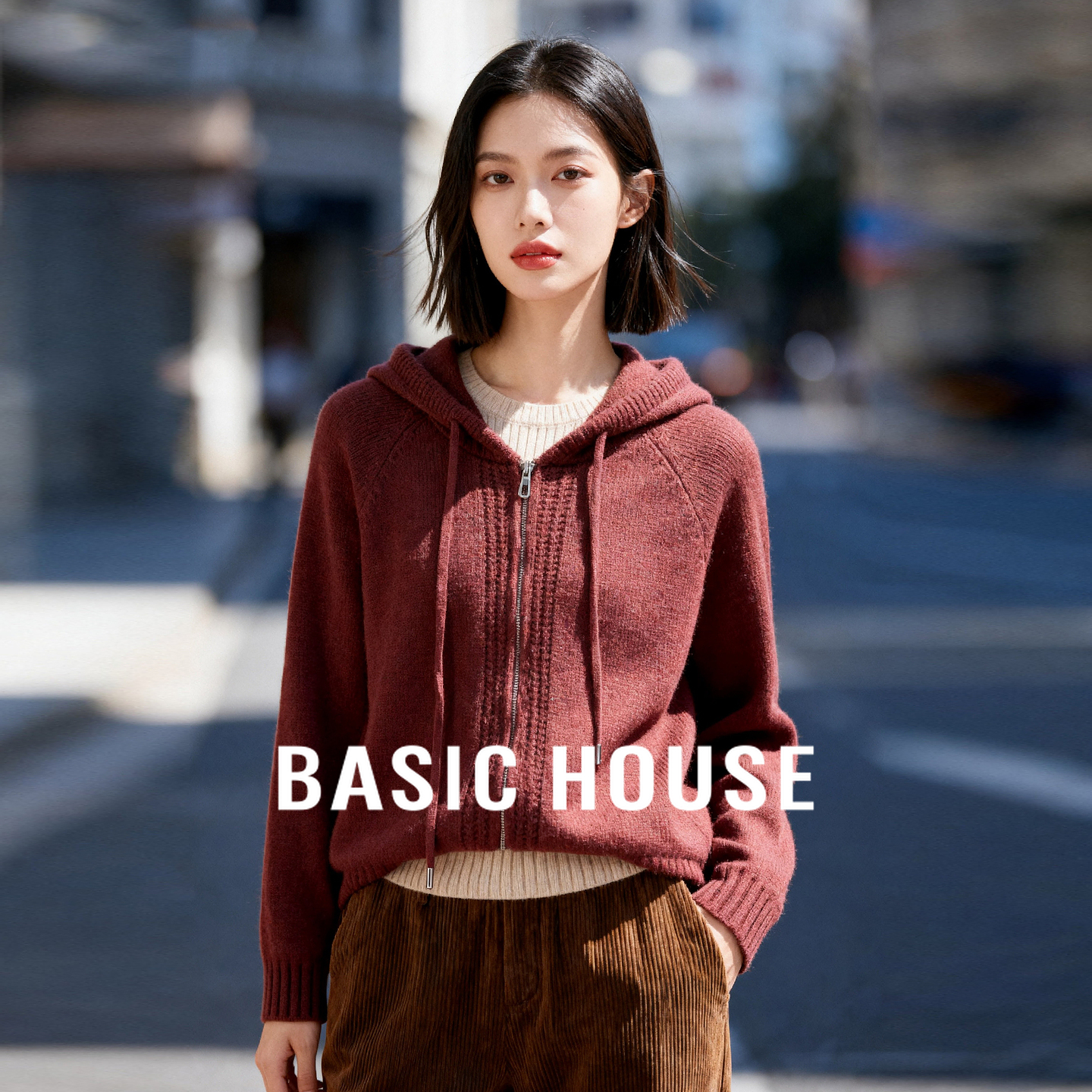 Basic House/百家好连帽双拉链毛衣秋冬洋气纯色宽松插肩开衫外套