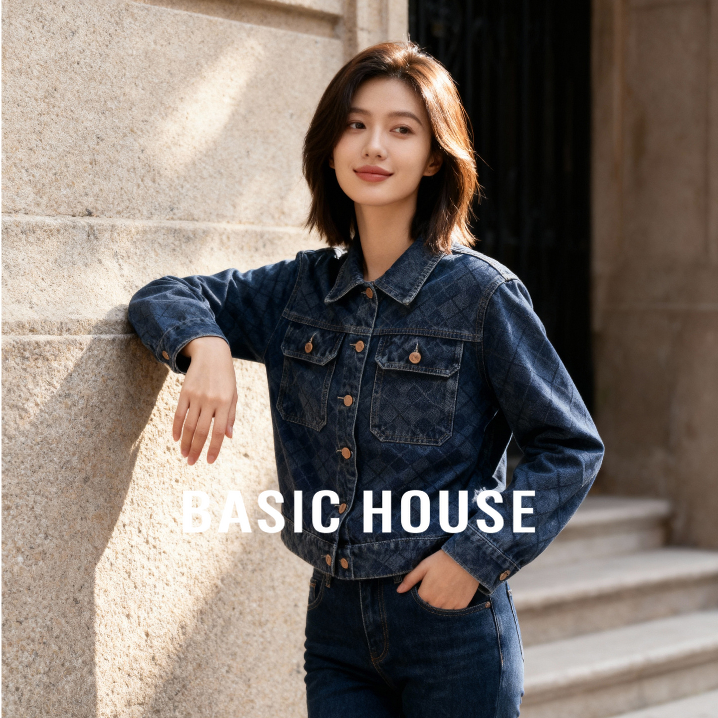 Basic House/百家好蓝色菱格纹牛仔外套女秋复古翻领短款夹克上衣
