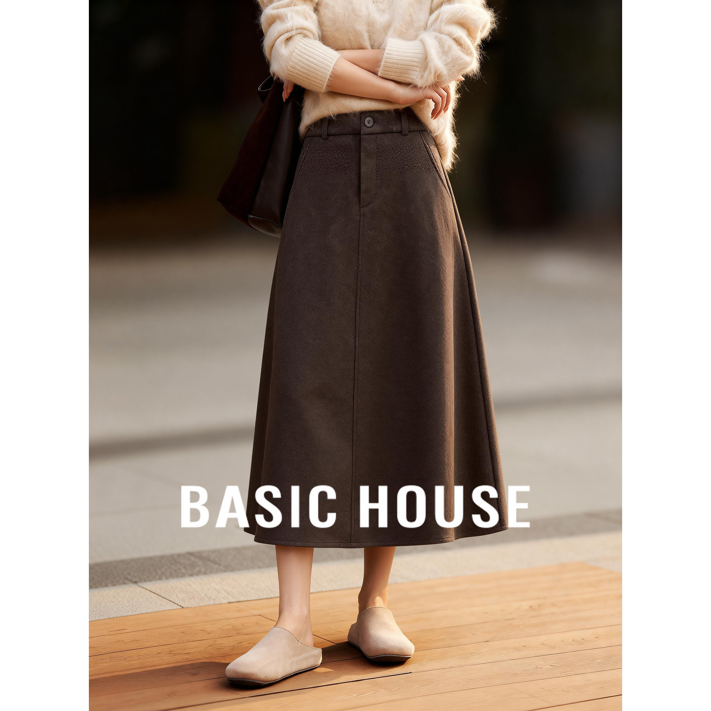 百家好高级气质感毛呢半身裙子冬季新款复古高腰显瘦中长A字伞裙