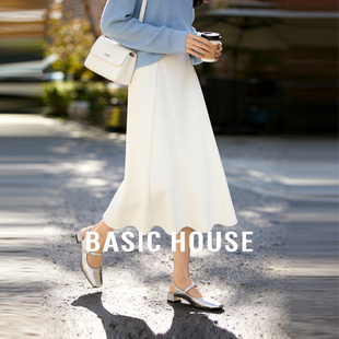 Basic House/百家好法式复古白色半身裙女春季新款纯色中腰A字裙