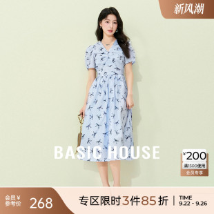 中长淡人连衣裙夏新款 Basic 泡泡袖 百家好蝴蝶结印花法式 女 House