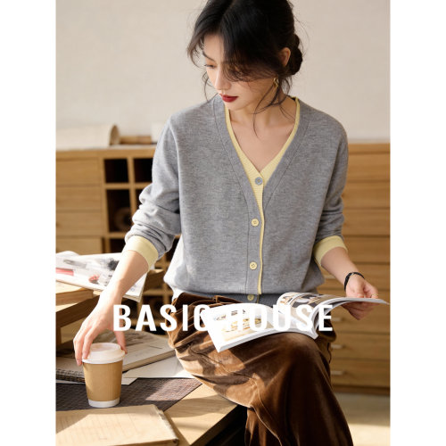 百家好拼接撞色假两件针织衫女春季新款休闲显瘦V领开衫上衣外套