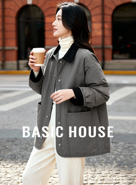 Basic House/百家好复古翻领工装风棉服女秋冬宽松单排扣夹棉外套