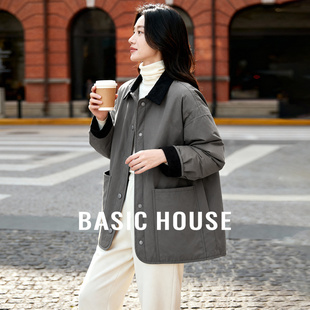 风棉服女秋冬宽松单排扣夹棉外套 百家好复古翻领工装 Basic House
