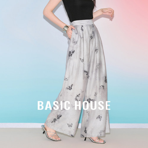 Basic House/百家好莱赛尔蝴蝶印花阔腿裤水墨风晕染冰丝防晒裤子