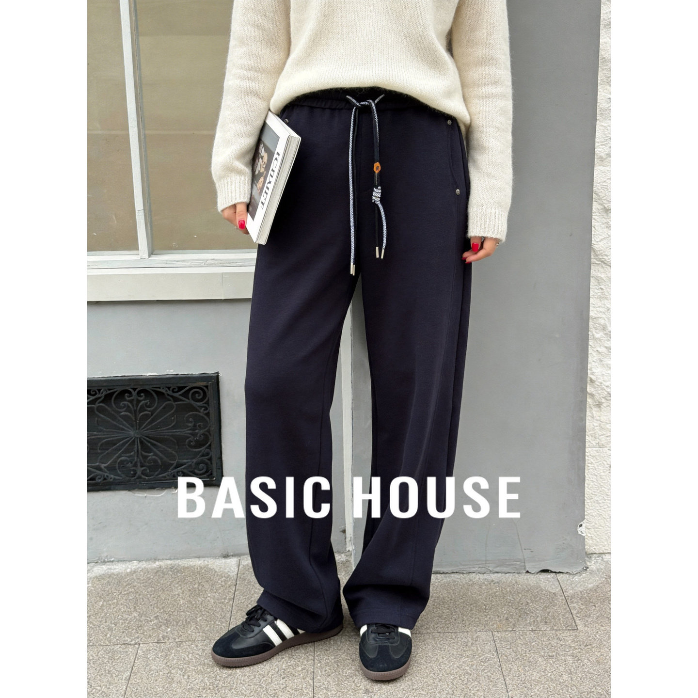 百家好黑色抽绳卫裤春季新款宽松显瘦束脚运动裤百搭休闲阔腿长裤