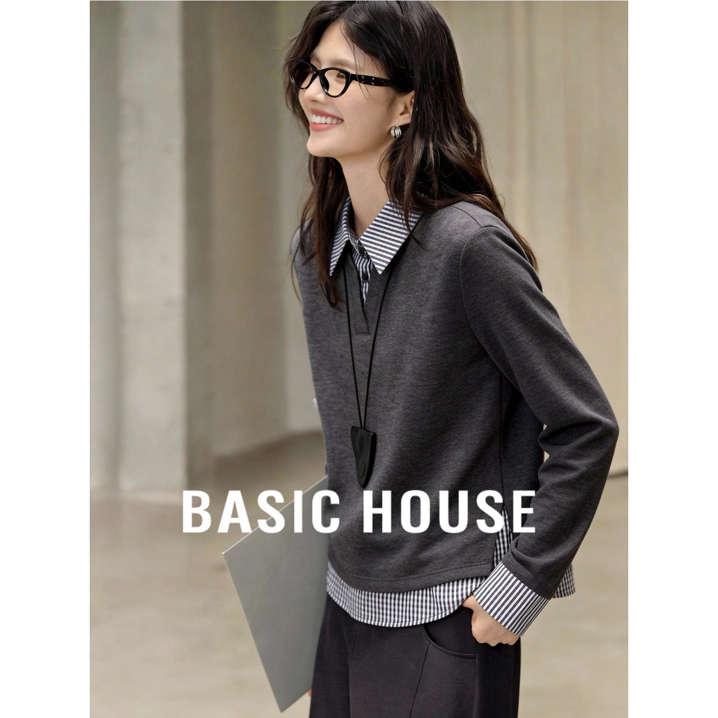 Basic House/百家好2026春新款MIU系学院风撞色拼接假两件长袖T恤