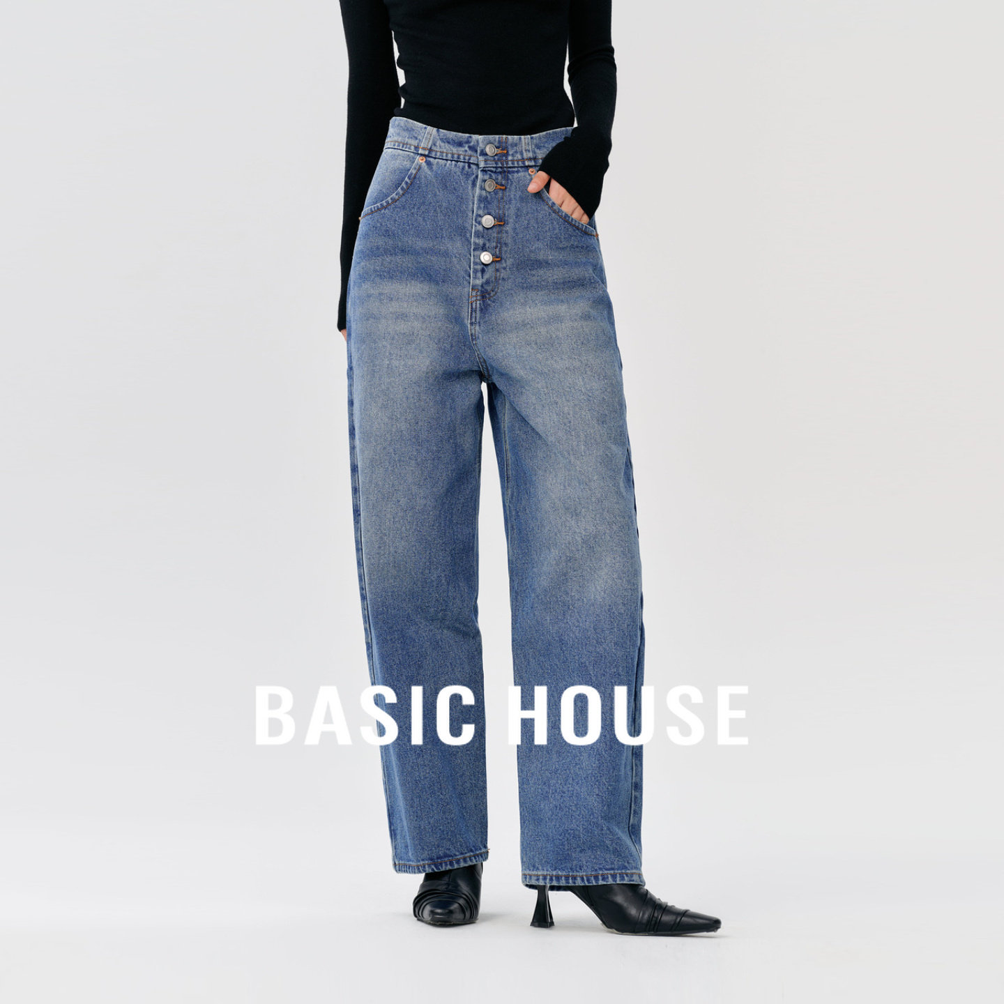 Basic House/百家好复古高腰阔腿牛仔裤女春秋宽松显瘦直筒老爹裤