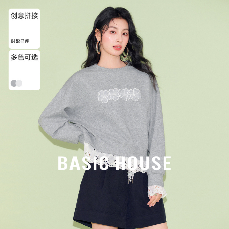 Basic House/百家好25秋新款下摆拼接卫衣女圆领长袖宽松套头上衣