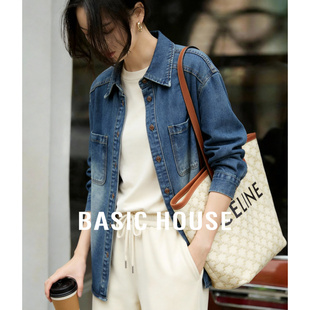 休闲外套春季 Basic 全棉水洗长袖 百家好复古蓝色软牛仔衬衫 House