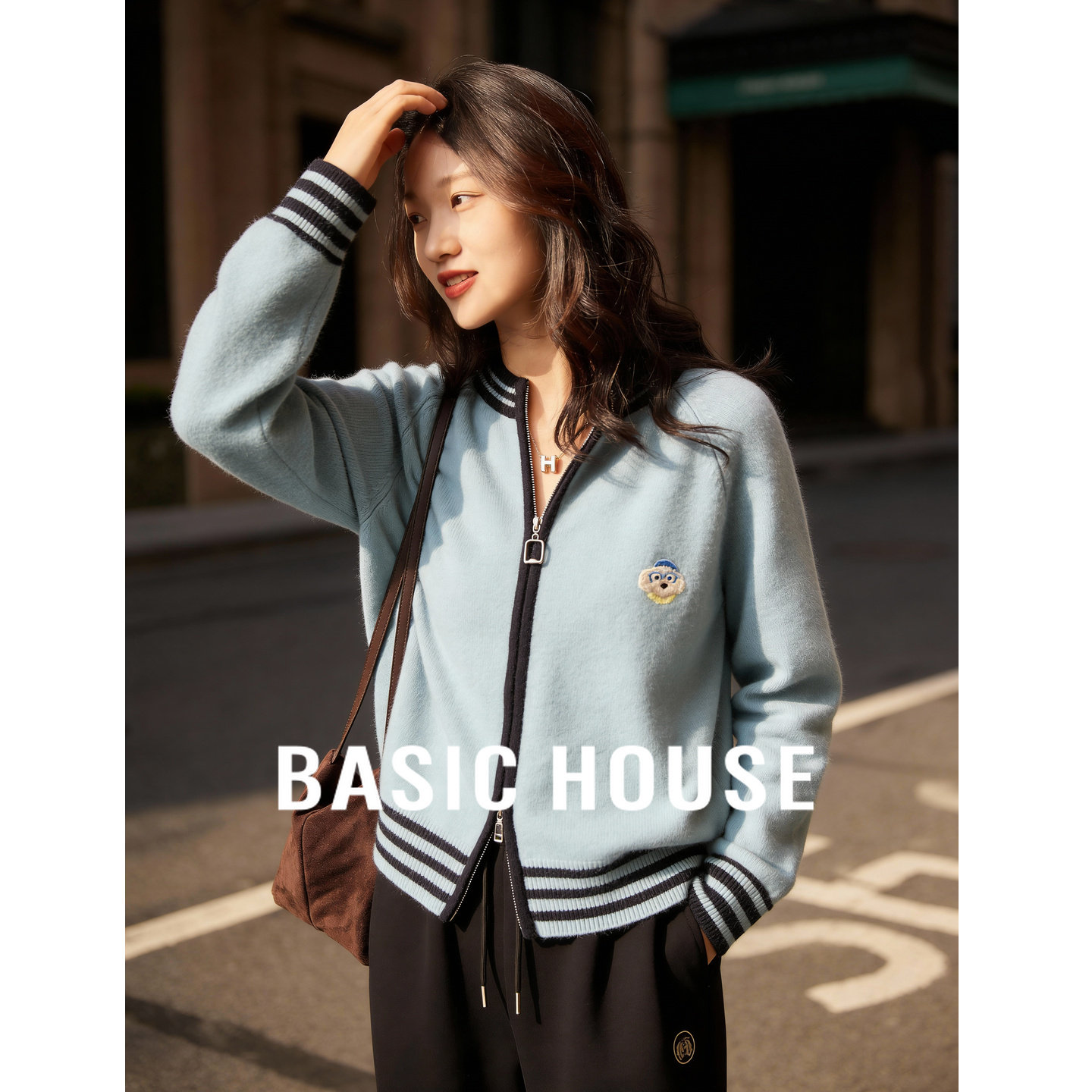 Basic House/百家好小狗提花撞色针织开衫女冬学院风拉链宽松毛衣