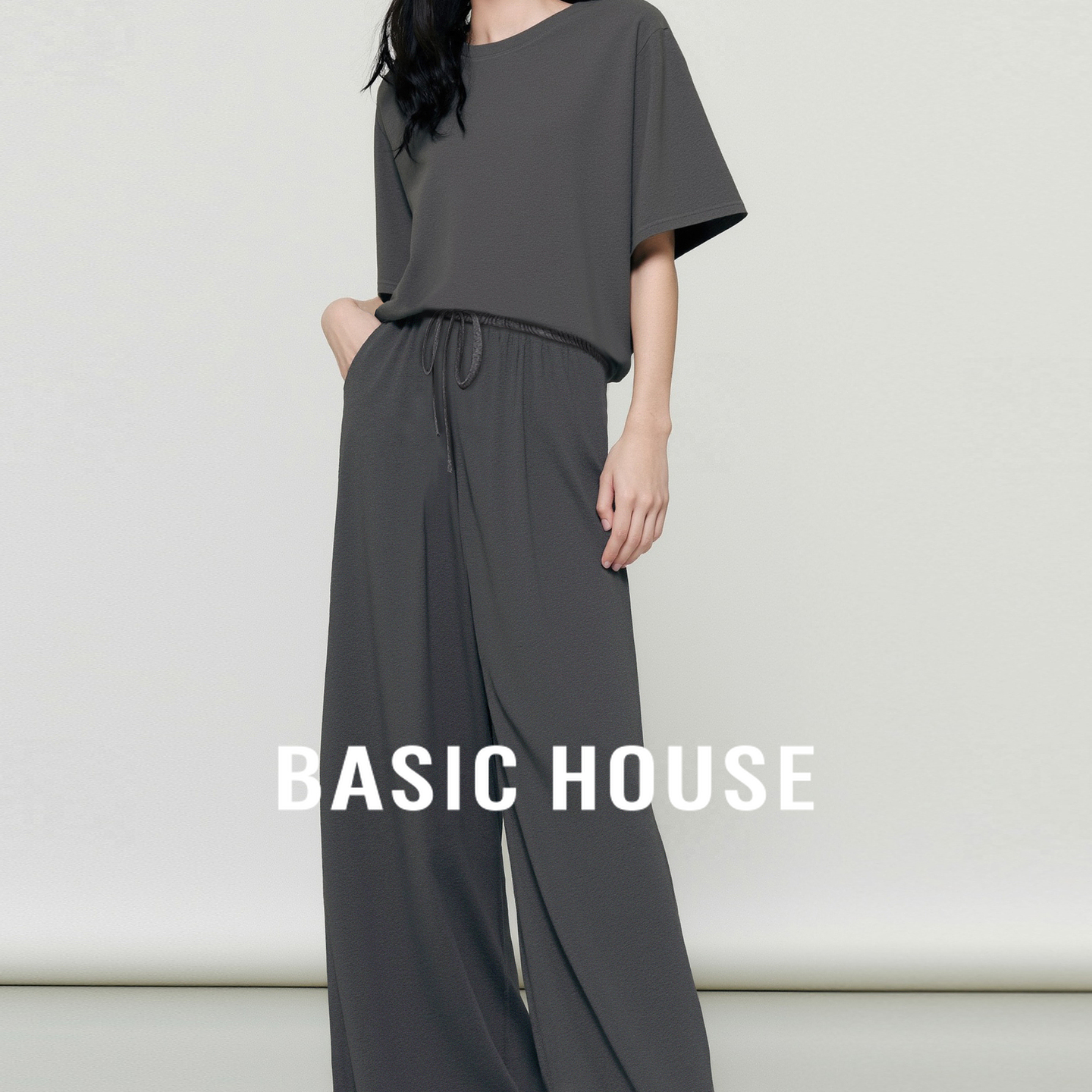 Basic House/百家好桑蚕丝松紧腰休闲裤夏季新款日常纯色直筒裤女