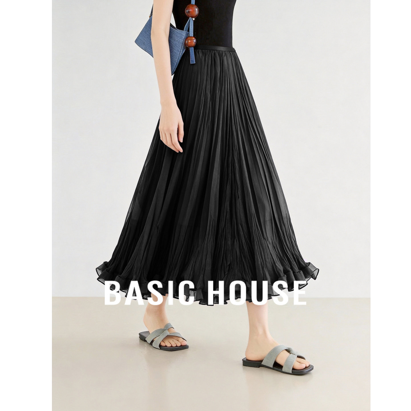 Basic House/百家好黑色网纱半身裙女春季新款A字伞裙中长款纱裙