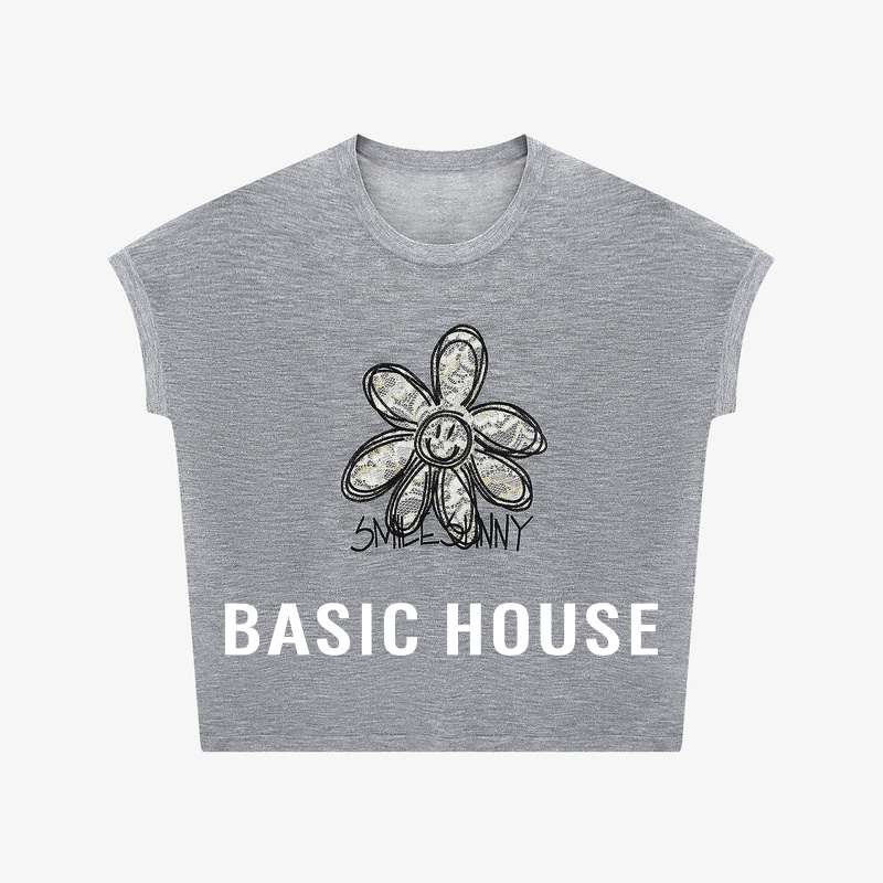 Basic House/百家好夏季新款休闲百搭轻薄透气短款套头短袖针织衫