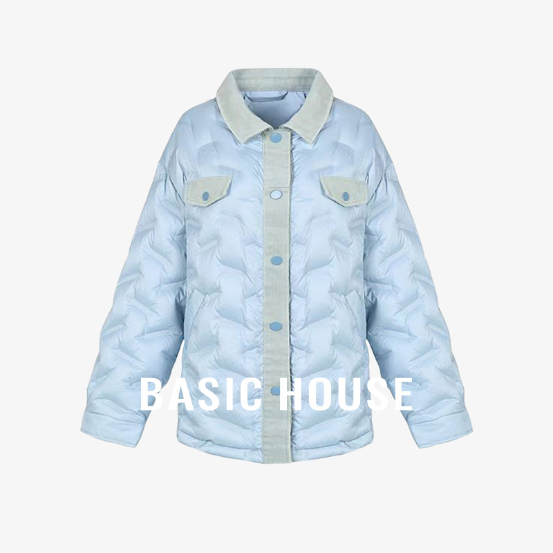 Basic House/百家好牛仔拼接翻领羽绒服小个子白鸭绒冬季短款外套