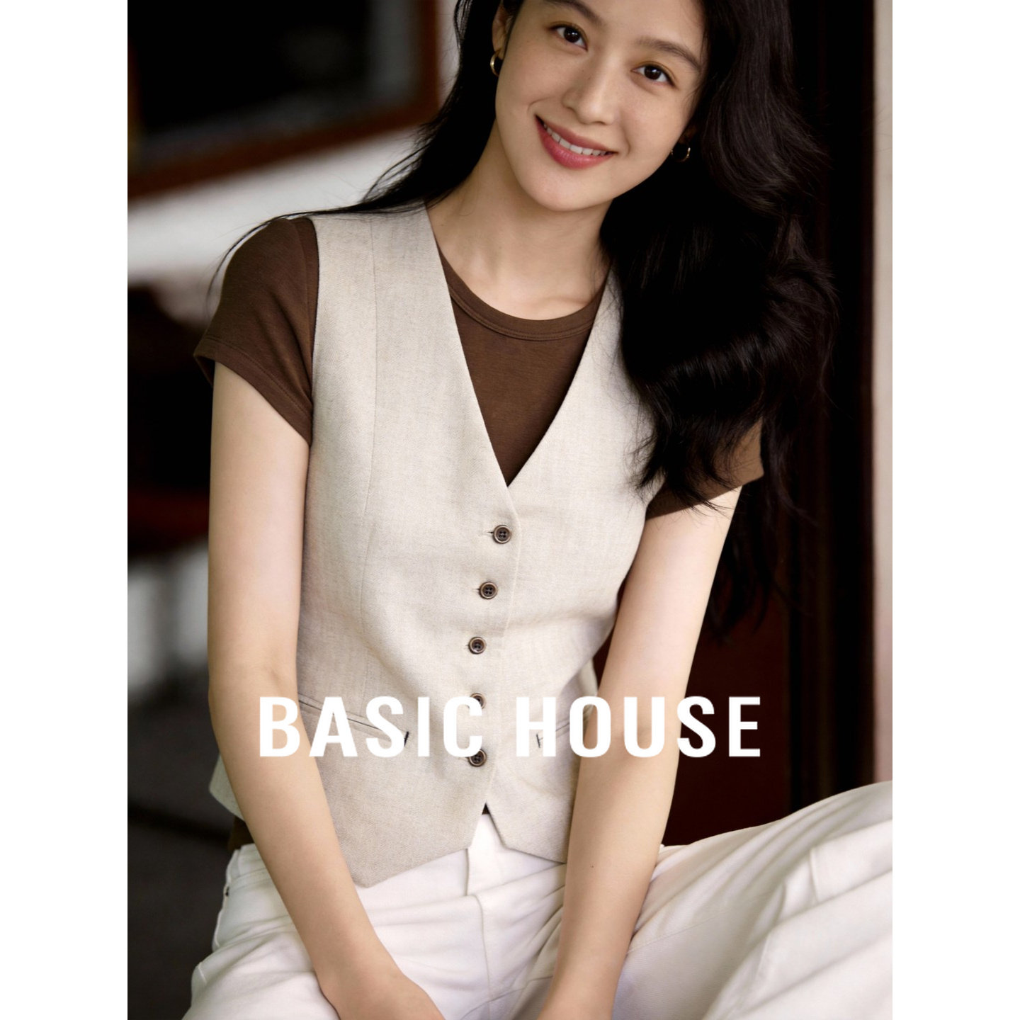 百家好休闲V领西装开衫马甲女春季新款薄款修身外搭叠穿背心马夹