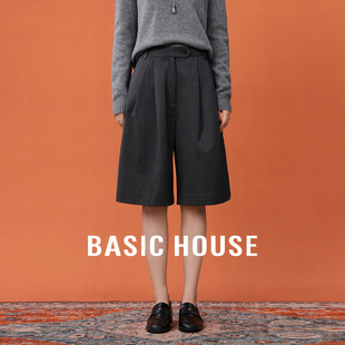 Basic House/百家好老钱风灰色阔腿西装裤秋冬季五分加厚休闲裤女