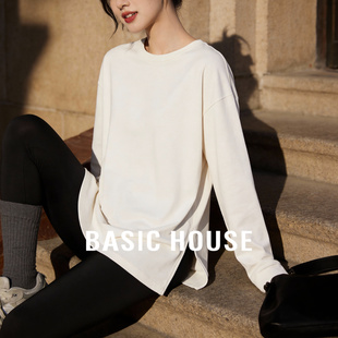 百家好白色圆领叠穿长袖T恤女士春季高级感宽松百搭简约显瘦上衣