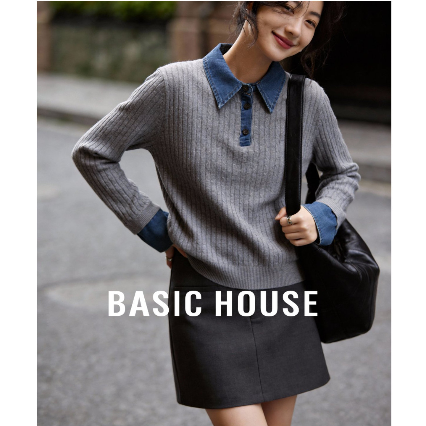 Basic House/百家好假两件含羊毛针织衫春季新款牛仔领拼接毛衫女,女装/女士精品,毛针织衫,淘宝优惠券,粉丝福利购,淘宝优惠卷
