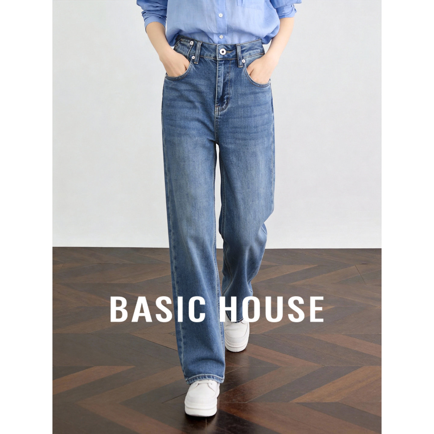 Basic House/百家好高腰蓝色直筒裤女春季新款休闲窄版九分牛仔裤